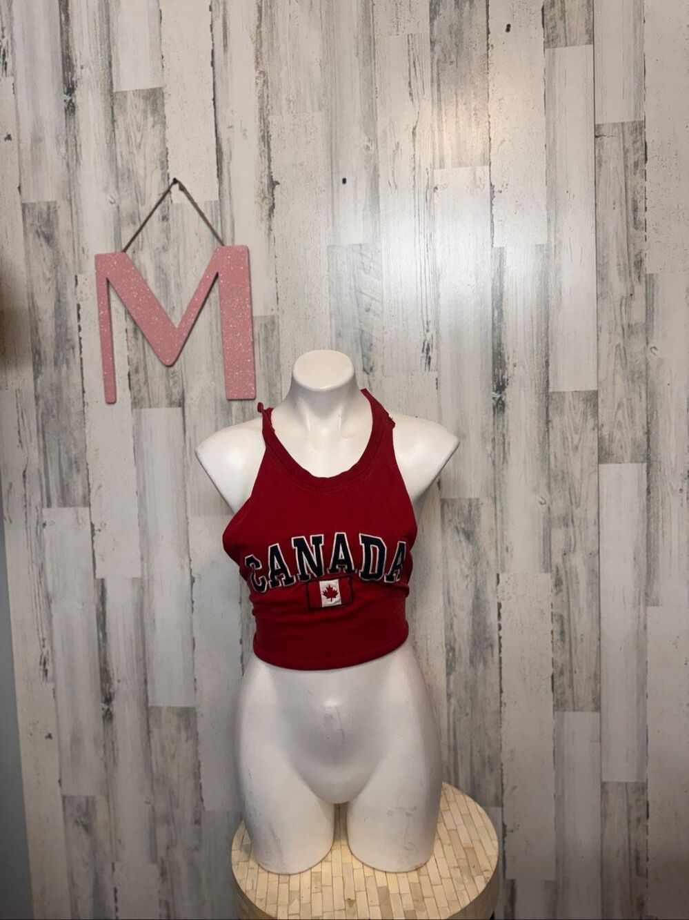 Canada Maple Leaf Flag Upcycled Halter Crop Top Womens Medium Red